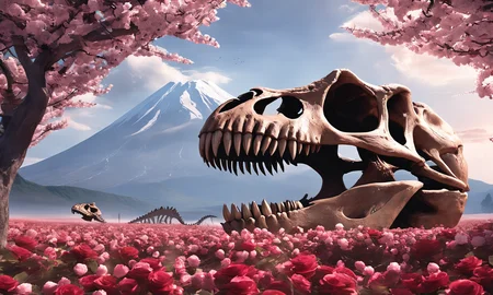 a gigantic dinosaur skull lying in a field of roses,  best quality, epic landscape, nature, masterpiece, intricate, highly detailed,  cinematic lights, <lora:abslandsdxl:0.9>, abslandsdxl, mountains, cherry blossom trees, mount fuji, anime,