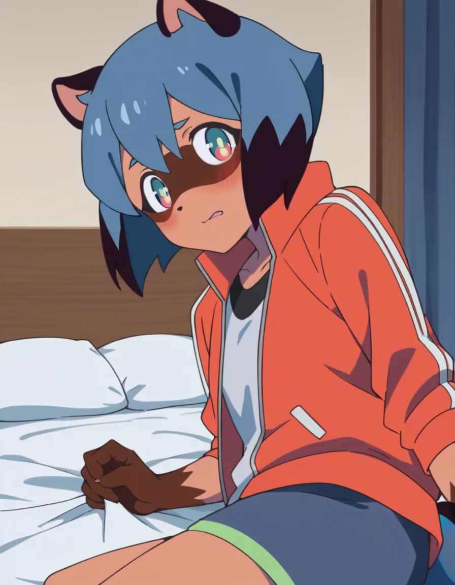 score_9, score_8_up, score_7_up, source_anime,
michirukagemori, <lora:michiru-kagemori-s1-ponyxl-lora-nochekaiser:1>,
michiru kagemori, short hair, black hair, animal ears, blue hair, multicolored hair, furry, furry female, raccoon ears, body fur, raccoon girl, raccoon tail, tail,
shirt, jacket, white shirt, shorts, red jacket, blue shorts, track jacket,
indoors, bed, bed room, on side, blush, drunk,
solo, dutch angle, looking at viewer, cowboy shot,
