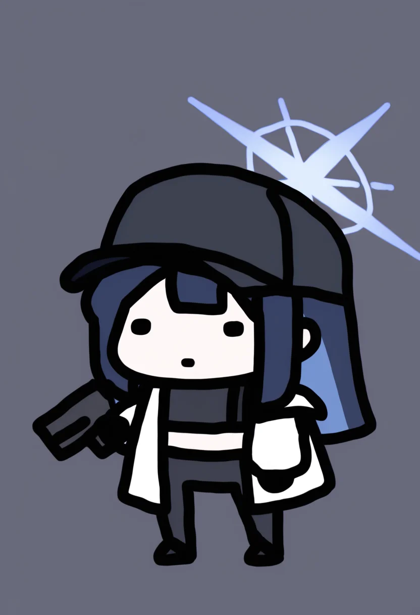 masterpiece, best quality, chibi, full body, solo, 1girl, sa0ridef, expressionless, standing, holding gun, long hair, blue hair, black headwear, baseball cap, blue halo, dot eyes, white coat, open coat, off shoulder, long sleeves, black shirt, sleeveless shirt, crop top, chest harness, underbust, black gloves, black pants, black belt, bare shoulders, midriff, simple background