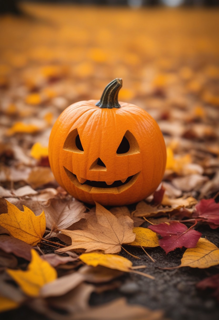 Masterpiece, professional macro photograph, low angle, view from ground, close-up of jack-o-lantern, autumn theme, fall scene, Halloween, falling leaves, red leaves, yellow leaves, orange leaves, brown leaves, vibrant colors, bokeh, sharp focus, shallow focus, highly detailed,