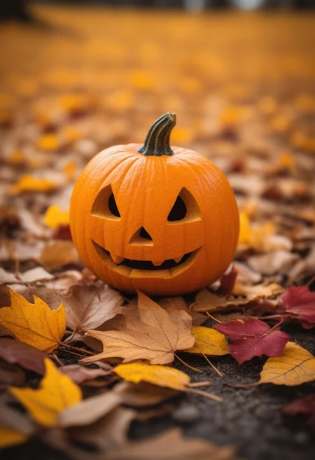 Masterpiece, professional macro photograph, low angle, view from ground, close-up of jack-o-lantern, autumn theme, fall scene, Halloween, falling leaves, red leaves, yellow leaves, orange leaves, brown leaves, vibrant colors, bokeh, sharp focus, shallow focus, highly detailed,