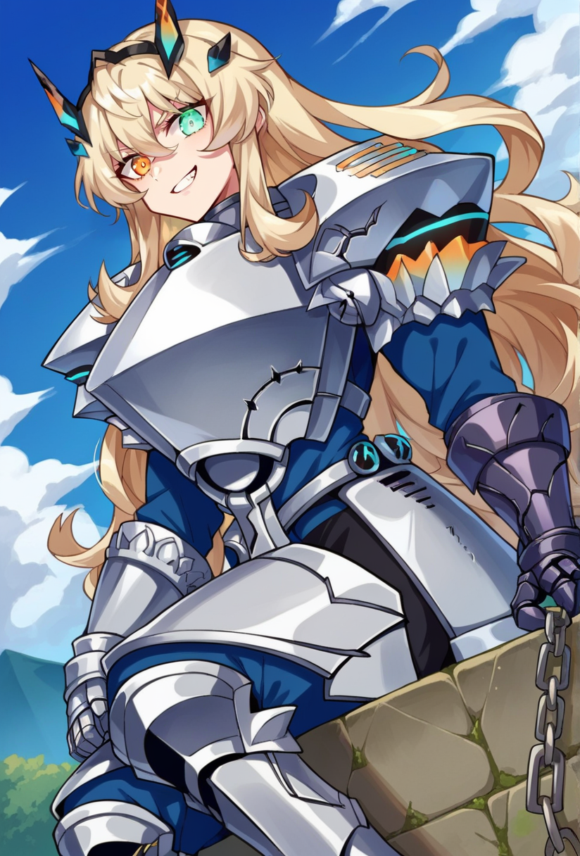 score_9, score_8_up, score_7_up, source_anime BREAK 1girl, solo, looking at viewer, cowboy shot,  <lora:Barghest_Sdxl-11:1>, Barghest_Armored, platinum blonde hair, crossed bangs, very long hair, wavy hair, sidelocks,  heterochromia, glowing eyes, full armor, glowing armor, armored dress,  collar,shoulder armor, chain, pauldrons, gauntlets, breastplate, boobplate, gloves, armored boots, faulds, vambraces, muscular female, long sleeves, outdoors blue sky, medieval, evil grin, from side, sitting, arms support, elbow on knee, reclining, knees up, dutch angle, soles,
