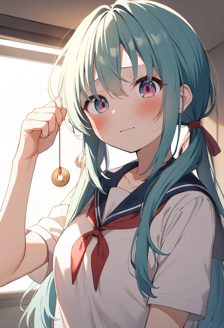 1girl,sincos, ningen mame, toosaka asagi,solo,medium breasts,school uniform,
hypnosis, mind control,looking at viewer, hand up, coin on string, <lora:hypnosis_XL_v1:0.7>
upper body, aqua hair, pink eyes,wavy mouth, by classroom window, closed mouth, low twintails hair,
best quality, very aesthetic, absurdres