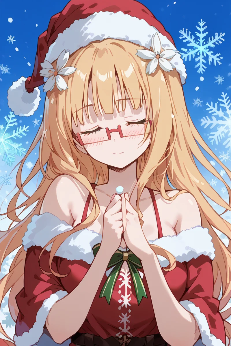 score_9, score_8_up, score_7_up, score_6_up,
<lora:Mitsuki_Sonoda:1> mitsuki, 1girl, santa hat, solo, hat, closed eyes, long hair, glasses, hair ornament, hair flower, snowflakes, flower, blush, christmas, santa costume, blonde hair
