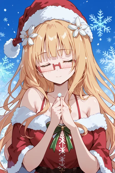 score_9, score_8_up, score_7_up, score_6_up,
<lora:Mitsuki_Sonoda:1> mitsuki, 1girl, santa hat, solo, hat, closed eyes, long hair, glasses, hair ornament, hair flower, snowflakes, flower, blush, christmas, santa costume, blonde hair