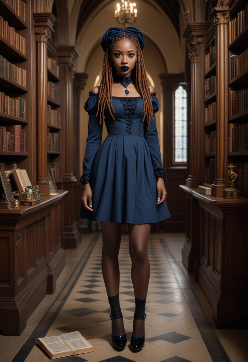 ((fashion photography)), perfect face, perfect eyes, (medium full shot) of  (supermodel gothic maiden) young woman, south african, dark eyes, dark skin, dark skin, hazel eyes, normal, extra long ginger dreadlocks hair, wearing Gothic librarian outfit featuring a black dress with book print, thigh-high stockings, librarian-style heels, Dark blue lipstick, bold navy blue and black eyeshadow, intricate eyeliner design, pale skin, dark nail polish with blue shimmer, set in  Cathedral Sacristy, Dimly lit chamber with tall cabinets holding ceremonial robes, polished silver candlesticks gleaming on a side table, shelves lined with ancient manuscripts, fragrant incense lingering in the air, a small altar adorned with fresh greenery , surprised, open mouth, running toward the viewer, masterpiece, best quality, photorealistic, very aesthetic