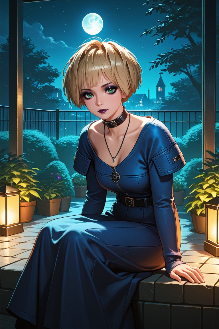 masterpiece, best quality, absurdres,
<lora:ILCyberMisty:0.8>
CyberMisty, 1girl, blonde hair, green eyes, makeup, looking at viewer, night, garden, sitting, moon, long dress