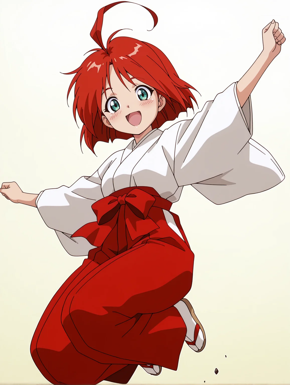 masterpiece,best quality,amazing quality,
1girl,solo,
anime screencap,<lora:hinageshi_ilxl_v1.1:1>,hinageshi,ahoge,green eyes,h_clothes,miko,red hakama,tabi,zouri,
<lora:Fixhands_anime_bdsqlsz_V1:1>,looking_at_viewer,simple_background,white_background,light_blush,open mouth,jumping,smile,