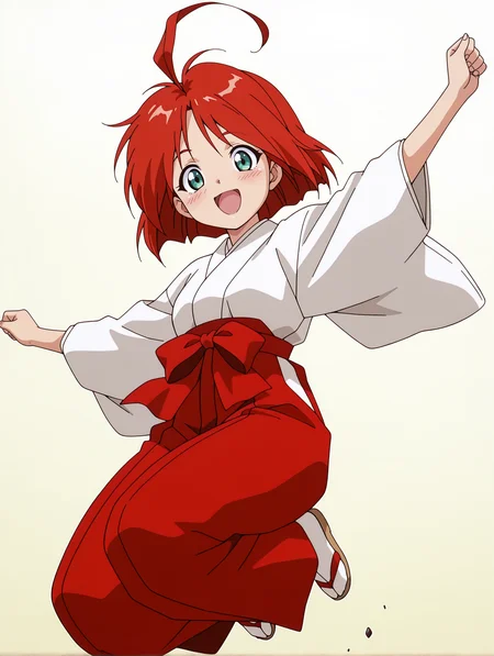 masterpiece,best quality,amazing quality,
1girl,solo,
anime screencap,<lora:hinageshi_ilxl_v1.1:1>,hinageshi,ahoge,green eyes,h_clothes,miko,red hakama,tabi,zouri,
<lora:Fixhands_anime_bdsqlsz_V1:1>,looking_at_viewer,simple_background,white_background,light_blush,open mouth,jumping,smile,