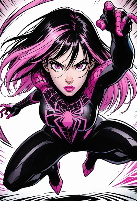 /Spider_Ayane/, pink lipstick, long black hair, pink hair highlights, medium breasts, portrait, black bodysuit with pink spider print, looking at viewer, pouty lips, pink eyes, dynamic pose, leaping into the air, web swinging, spiderman pose, full body shot