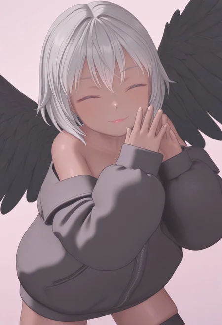 cusudonsty, soft colors, pastel colors, traditional media, masterpiece, hires, solo, 1girl, skindentation, closed eyes, lips, smile, grey hair, pose, ashy dark-skinned female, bare shoulders, baggy jacket, black feather wings, 3d