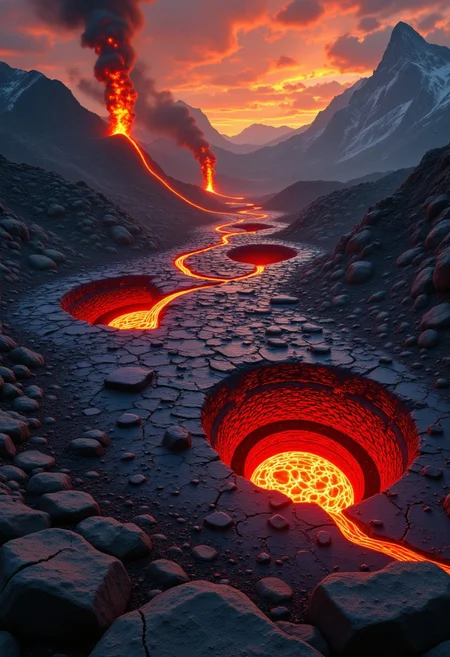 M1CR0CUB3D, aidmafluxpro1.1, A scorched surface with cracked obsidian, lava flows and automated lava pumps. Underground: robotic forges and conveyor belts forging glowing alloys.