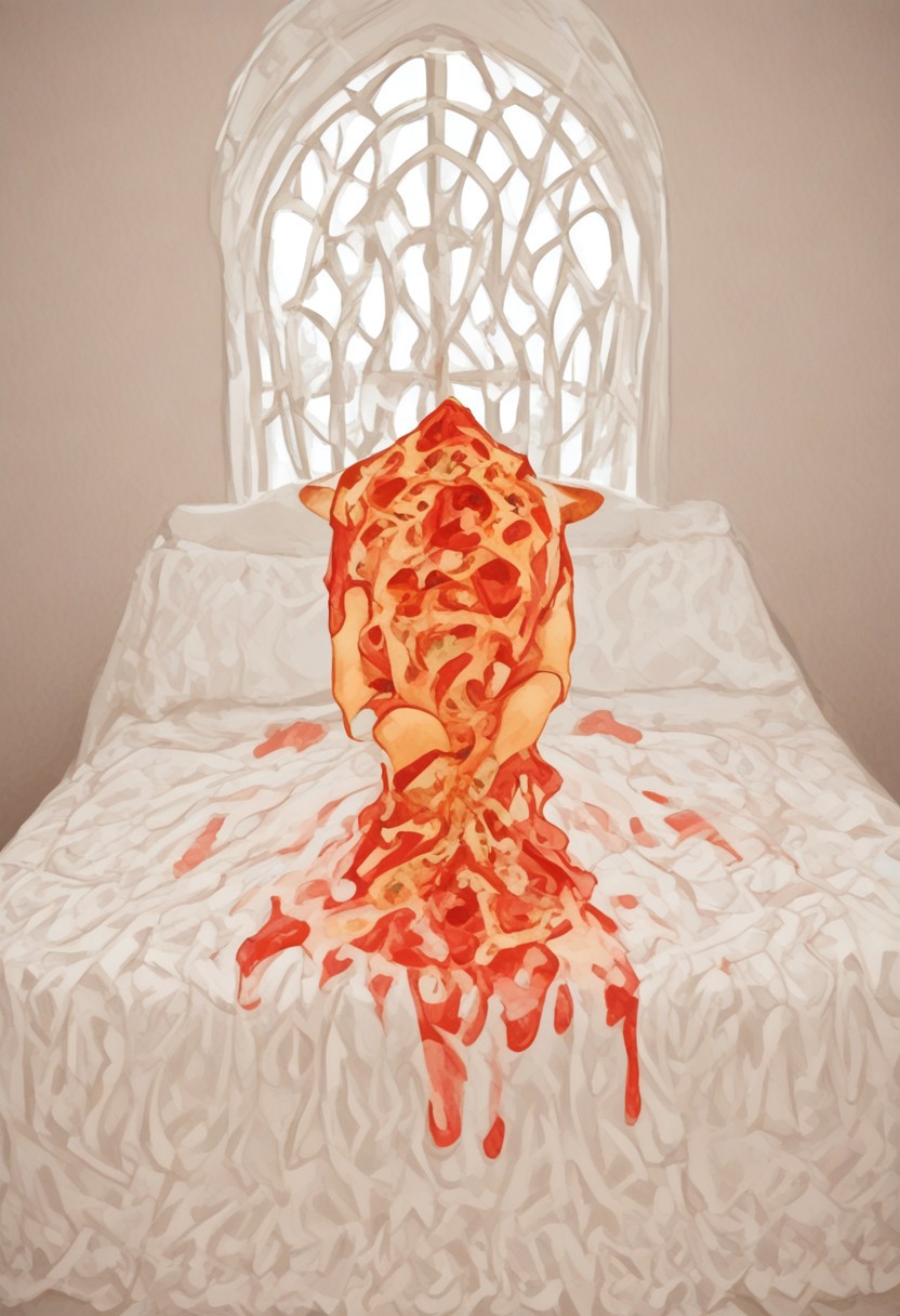 red slime girl ((eating pizza)) pizzasdx, looking at viewer (pizza melting:1.5) medieval bedroom background, masterpiece, full body sitting on bed, white bed, bed, white sheets, window, good light, perfect hands, good hands (hands on pizza)