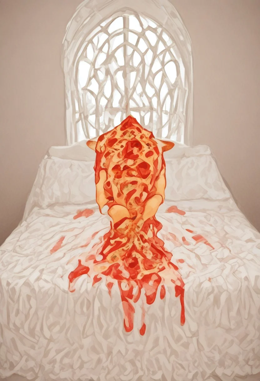 red slime girl ((eating pizza)) pizzasdx, looking at viewer (pizza melting:1.5) medieval bedroom background, masterpiece, full body sitting on bed, white bed, bed, white sheets, window, good light, perfect hands, good hands (hands on pizza)