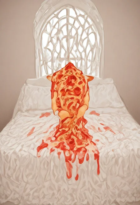 red slime girl ((eating pizza)) pizzasdx, looking at viewer (pizza melting:1.5) medieval bedroom background, masterpiece, full body sitting on bed, white bed, bed, white sheets, window, good light, perfect hands, good hands (hands on pizza)
