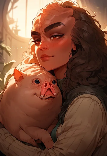 score_9, score_8_up, score_7_up, score_6_up, p3tl0v3, 1girl, kling0n alien female, dark brown skin, large forehead ridges, large eyebrows, hugging an adorable alien warthog creature,