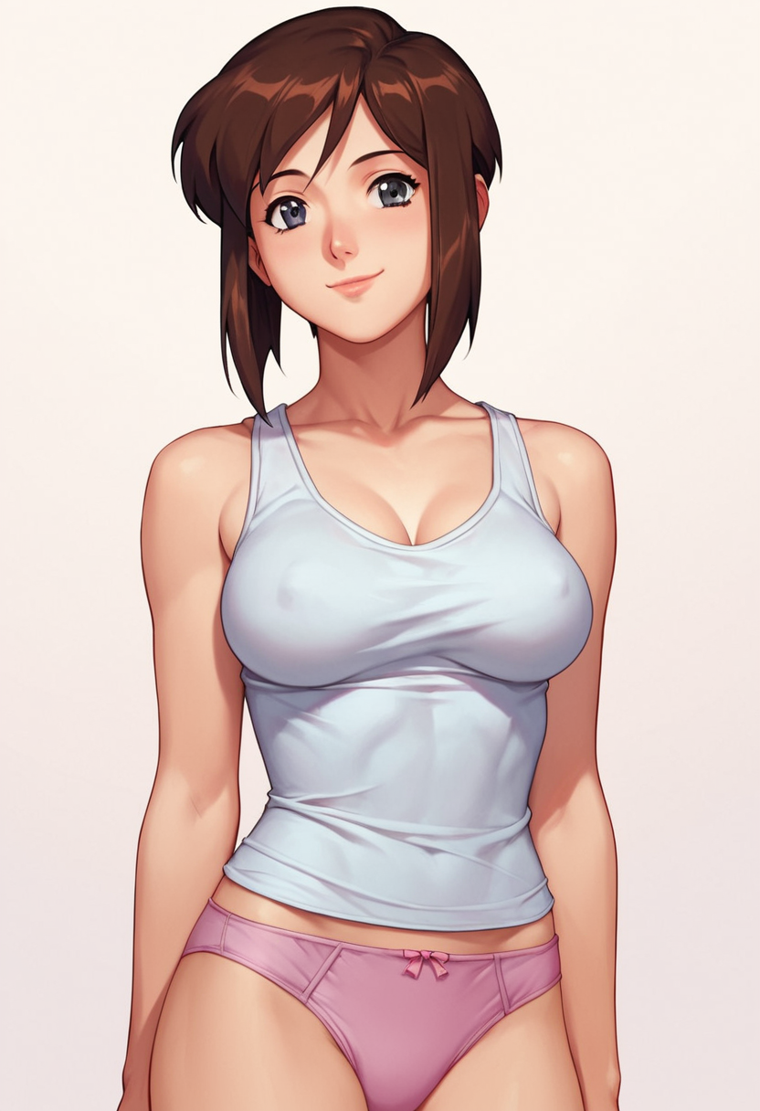 score_9, score_8_up, score_7_up, score_6_up, 1girl, solo, 
Linna, brown hair, gray eyes, baggie oversize white tank top, pink panties, smile,
detailed eyes, perfect face, perfect eyes, sexy, sexy girl, beautiful eyes, petite body, medium breasts, standing, posing, simple background, dynamic angle, <lora:Linna Yamazaki _ Bubblegum Crisis Tokyo 2040_epoch_10:1>