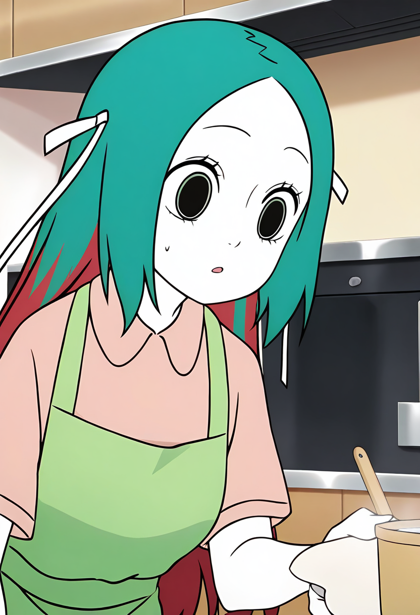 <lora:jingwei:1>,jingwei,1girl,solo,long hair,multicolored hair,red hair,green hair,hair ribbon,white ribbon,black_pulpil,white skin,
 green apron, shirt,, masterpiece,best quality,amazing quality,absurdres, anime screenshot,