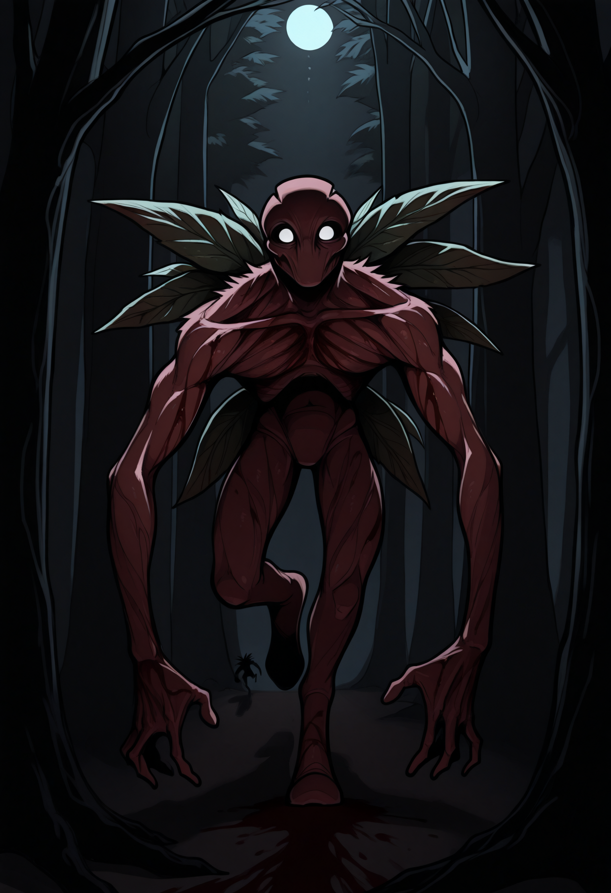 masterpiece, best quality, 1boy, solo, BrackenLethalCompany, white eyes, monster, wings, leaf, horror \(theme\), dark theme, darkness, night, forest, moonlight, tree, shadow, blood, wide shot, running, speed lines, facing viewer, imminent death, <lora:ChamBrackenIllustriousXL:1>