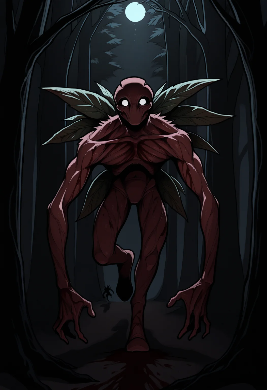masterpiece, best quality, 1boy, solo, BrackenLethalCompany, white eyes, monster, wings, leaf, horror \(theme\), dark theme, darkness, night, forest, moonlight, tree, shadow, blood, wide shot, running, speed lines, facing viewer, imminent death, <lora:ChamBrackenIllustriousXL:1>