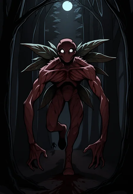 masterpiece, best quality, 1boy, solo, BrackenLethalCompany, white eyes, monster, wings, leaf, horror \(theme\), dark theme, darkness, night, forest, moonlight, tree, shadow, blood, wide shot, running, speed lines, facing viewer, imminent death, <lora:ChamBrackenIllustriousXL:1>