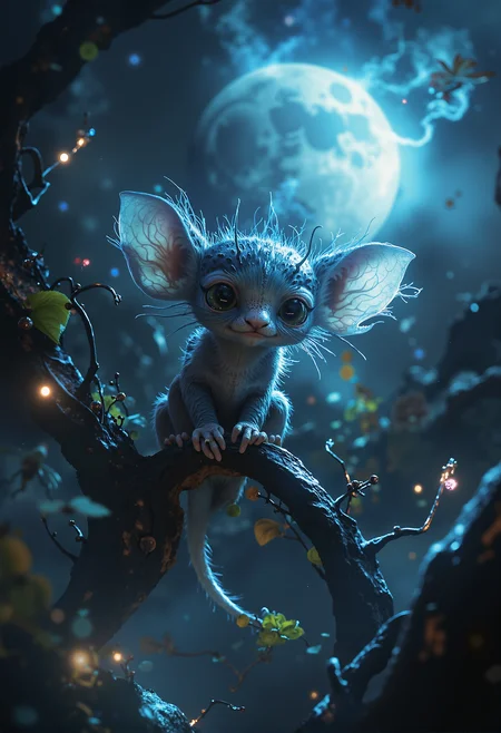 A whimsical and enchanting scene featuring a tiny, big-eyed creature perched on a twisted branch in a dense, mystical forest. The creature has a delicate, almost otherworldly appearance, with large, shiny eyes and translucent, bat-like ears that catch the soft moonlight. Its skin is textured and slightly rough, giving it an ancient, wise look despite its small size. In the background, a large, luminous blue moon casts a gentle glow over the scene, highlighting the intricate details of the creatureâs form. The forest around is filled with strange, surreal flora with faintly glowing leaves and tendrils, creating a magical, fairy-tale atmosphere. <lora:Magic_of_Art_\(FLUX\).safetensors:0.9>, <lora:black_fantasy.safetensors:0.5>, <lora:ARTifacts.safetensors:0.5>,