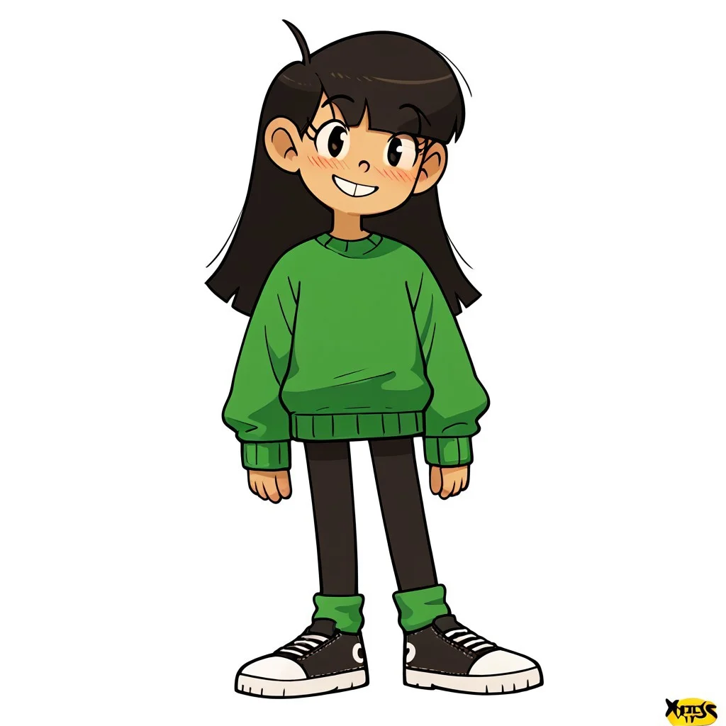 score_9, score_8_up, score_7_up, score_6_up, score_5_up, score_4_up, perfecteyes, 1 girl, petite, standing, numbuh 3, green sweater, smiling, blushing, full body,