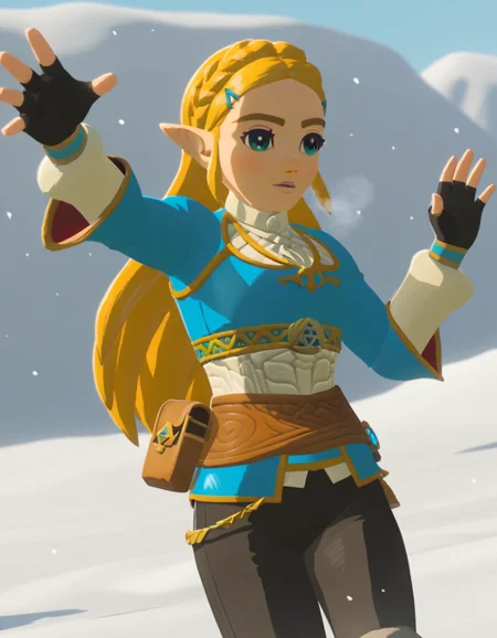 score_9, score_8_up, score_7_up, source_anime, <lora:princess-zelda-breath-of-the-wild-ingame-ponyxl-lora-nochekaiser:1>, princess zelda, long hair, blue eyes, blonde hair, hair ornament, braid, pointy ears, hairclip, 3d, gloves, long sleeves, black gloves, fingerless gloves, blue shirt, pouch, belt, pants, black pants,, snow day, winter clothes, snowball fight, laughter, cold breath, white landscape, , , hand reaching forward, knee up, arm down, solo,, cowboy shot, dutch angle