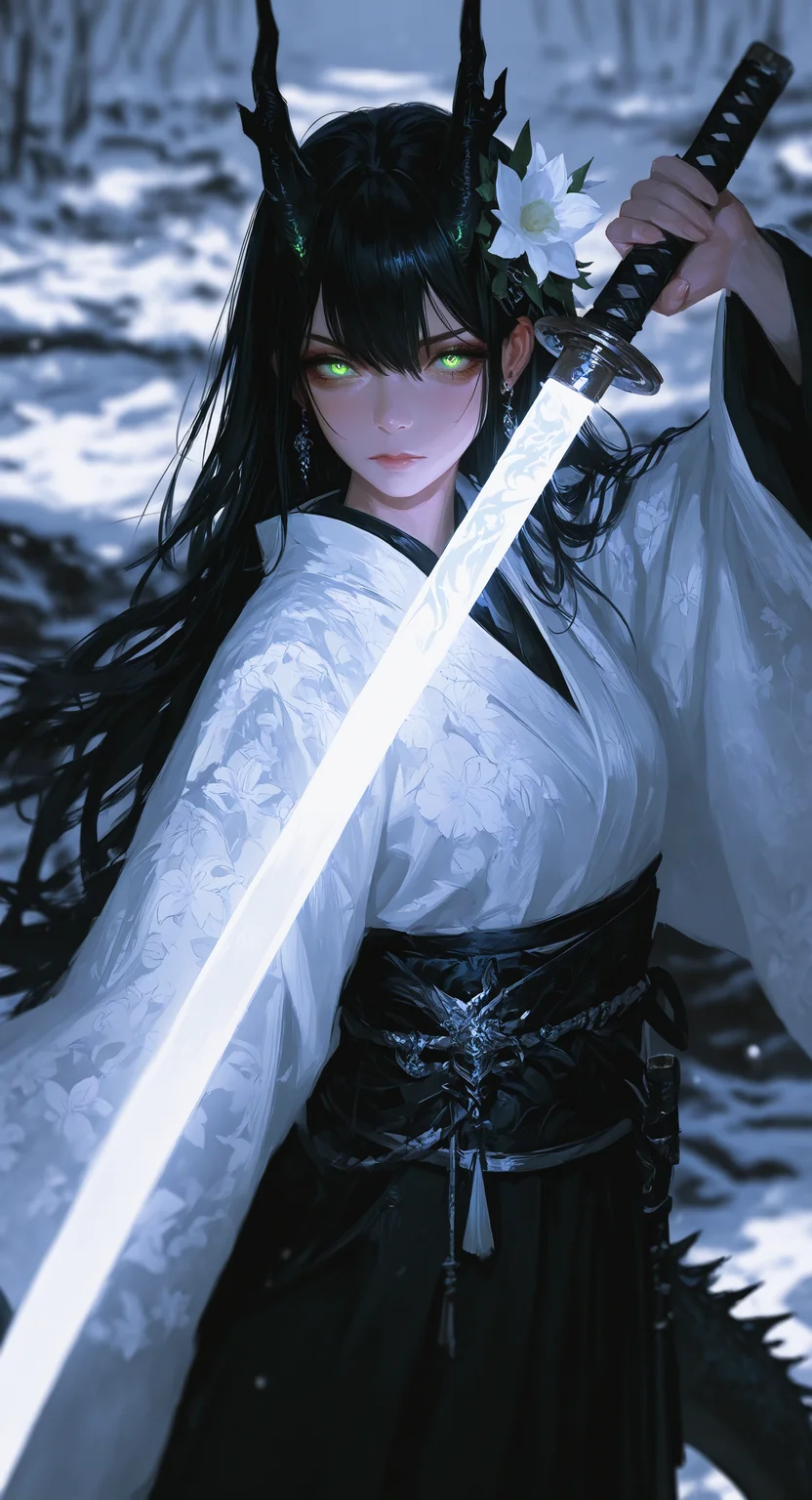 masterpiece, best quality, good quality, very awa, very aesthetic, absurdres, newest, 1girl, solo, long_hair, looking_at_viewer, black_hair, long_sleeves, hair_ornament, holding, hair_between_eyes, closed_mouth, green_eyes, tail, flower, weapon, earrings, horns, japanese_clothes, sword, hair_flower, wide_sleeves, kimono, holding_weapon, blurry, blurry_background, depth_of_field, glowing, holding_sword, floral_print, white_flower, katana, glowing_eyes, snow, dragon_horns, dragon_girl, dragon_tail, print_kimono, delicate black_kimono realistic, bloom, Close-Up,White Theme <lora:ponyv4_noob1_2_adamW-000017:0.7> <lora:USNR_STYLE_XL_lokr:0.45> <lora:748cmSDXL:0.4>