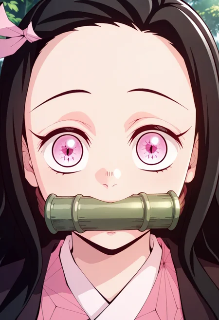 newest, masterpiece, best quality, 4k,
outdoors, very aesthetic, detailed background, face focus,
1girls, solo, <lora:Nezuko Kamado - Demon Slayer:1> nezuk0, kamado nezuko, black hair, multicolored hair, long hair, pink eyes, pink ribbon, japanese clothes, pink kimono, checkered sash, haori, gagged, bamboo bit gag