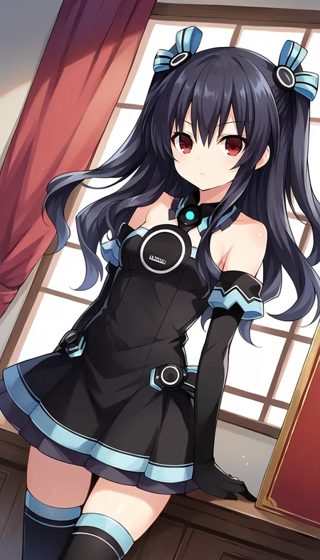 score_9, score_8_up, score_7_up, source_anime, 1girl, solo, black hair, red eyes, medium hair, two side up, hair ribbon, small breasts, elbow gloves, long slevees, black dress, short dress, collar, bare shoulders, thighhighs, standing, looking at viewer, dutch angle, cowboy shot, indoors, <lora:Uni_Neptunia_PonyXL:0.8>, Uni \(neptunia)\