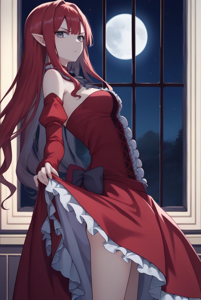 score_9, score_8_up, score_7_up, source_anime BREAK 1girl, solo, looking at viewer, cowboy shot, <lora:Baobhan_Sith_Pdxl-05:1> , baobhandefault,grey eyes, red hair, long hair, sidelocks, pointy ears,red dress, detached sleeves,  detached collar, center frills, frills, bare shoulders, ribbon, medium breasts, night, indoors, moon, moonlight, night, skirt lift, serious, from side,