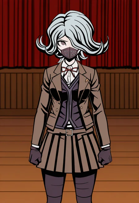 (((solo))), masterpiece, best quality, modern, modern anime, danganronpa_(series),<lora:Seiko_Kimura_Illustrious:1>, In the art style of Rui Komatsuzaki, artist: Rui Komatsuzaki, Danganronpa sprite style. . Seiko Kimura is wearing her despair arc Hope's Peak Academy uniform. She's wearing a brown blazer over a dark purple vest with a dark red bow at the collar. She's wearing a brown pleated skirt with a dark brown belt worn over her purple vest. She has on dark grey stockings going just above her knee and her hands are covered with dark purple gloves. Seiko is wearing her dark purple respirator mask covering her mouth and she has her shoulder length grey hair. Her hair covers her left eye. In the gymnasium with its wooden floor and white circle marking, Seiko Kimura has set up a temporary medical station near the stage with red curtains. The warm, yellow stage lights illuminate her workspace where she's organizing first aid supplies and medicine bottles. She stands out against the dark backdrop as she prepares for an upcoming school event, her characteristic anxiety showing in her careful, repeated checking of each medical supply.