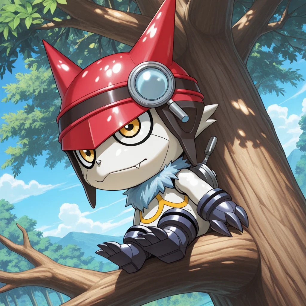 masterpiece, best quality, amazing quality, colorful,<lora:gatchmon-v1-000012:1> d-gatchmon, 1other, chibi, digimon \(creature\), no humans, ((wire on back)), ((3digits)), dutch angle, outdoors, on tree, sitting, dappled sunlight, three quarter view
