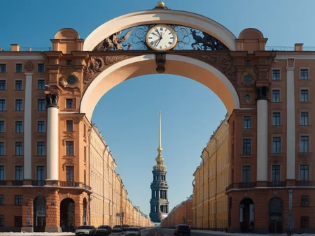 vhs tape of city, tower, gigantism architecture, archway, giant, from below,
high quality, beautiful, detailed, gorgeous,
shadow, clock,
saint petersburg, arch, ,
<lora:piter-step00022500:0.9>, film grain, 4k uhd