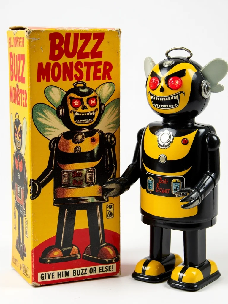 <lora:Wiz-Vintage_Toy_Robot_Packaging:1>,
Vintage toy packaging with tin toy standing next to it. The name reads "BUZZ MONSTER", with a small text below that say "GIVE HIM BUZZ OR ELSE!".
Evil robot bumble bee with a menacing expression, featuring sharp teeth, glowing red eyes, and a mechanical face.
He wears a black and yellow bumble bee costume with sharp edges.