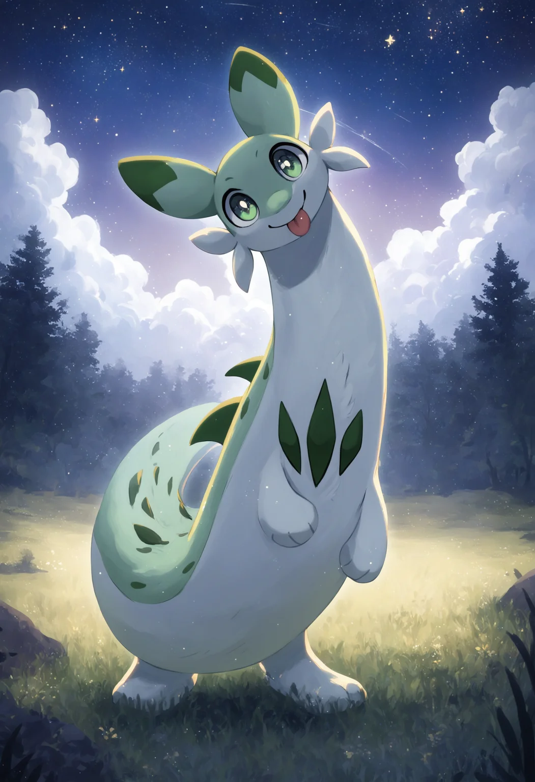 score_9, score_8_up, score_7_up, source_anime BREAK
forest background, tall grass, wildflowers, moonlight, dark, clouds, stars, night
Chillet_Palworld, feral, light green fur, green eyes, white underbelly, (green back spikes:1.2), green chest markings, green spots, green-tipped ears, whiskers, long animal ears, long tail, smile, looking at viewer
facing viewer, head tilt, tongue out, four legs, standing
detailed background, beautiful scenery
<lora:add-detail-xl:1>
<lora:Chillet_Palworld:1>