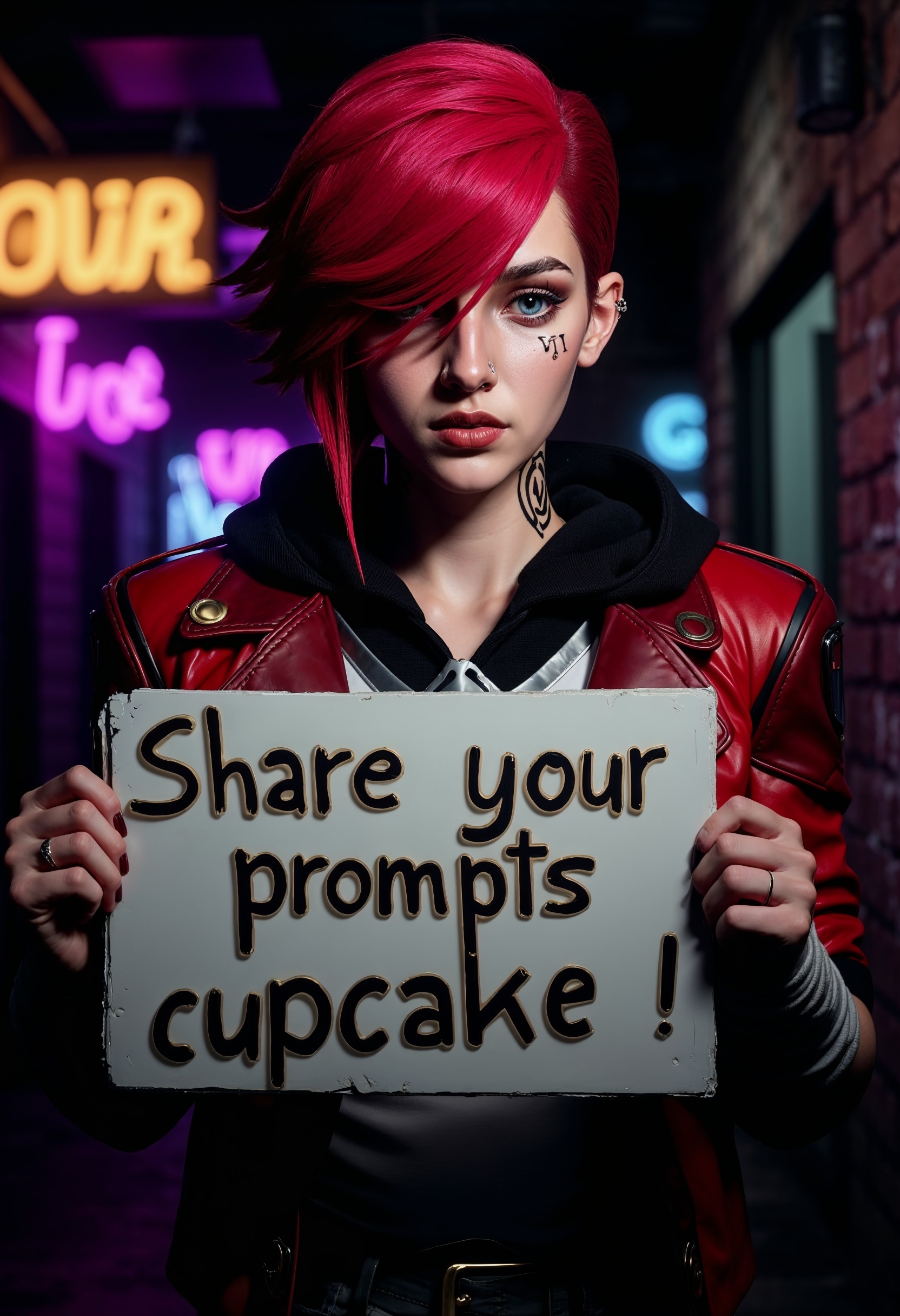 ultra realistic photo of ViA holding a sign that says "Share your prompts cupcake!" in graffiti cool font, her jacket is red, short hair, "VI" on her cheek, dark alley, graffiti on walls, neon lights, (maximum ultra high definition image quality and rendering:3), maximum image detail, maximum realistic render, (((ultra realist style))), realist side lighting, , 8K high definition, realist soft lighting, (amazing special effect:3.5) <lora:FluxViA:1>