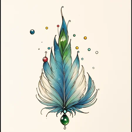 Score_9, score_8_up, score_7_up, score_6_up, BREAK <lora:Delicate_WhimsyPony:1> ArsMJStyle, Delicate Whimsy, The image shows a blue feather with a green bead on it surrounded by a few colorful dots on a white background., no humans, simple background, white background, traditional media, border, black border, leaf, gem