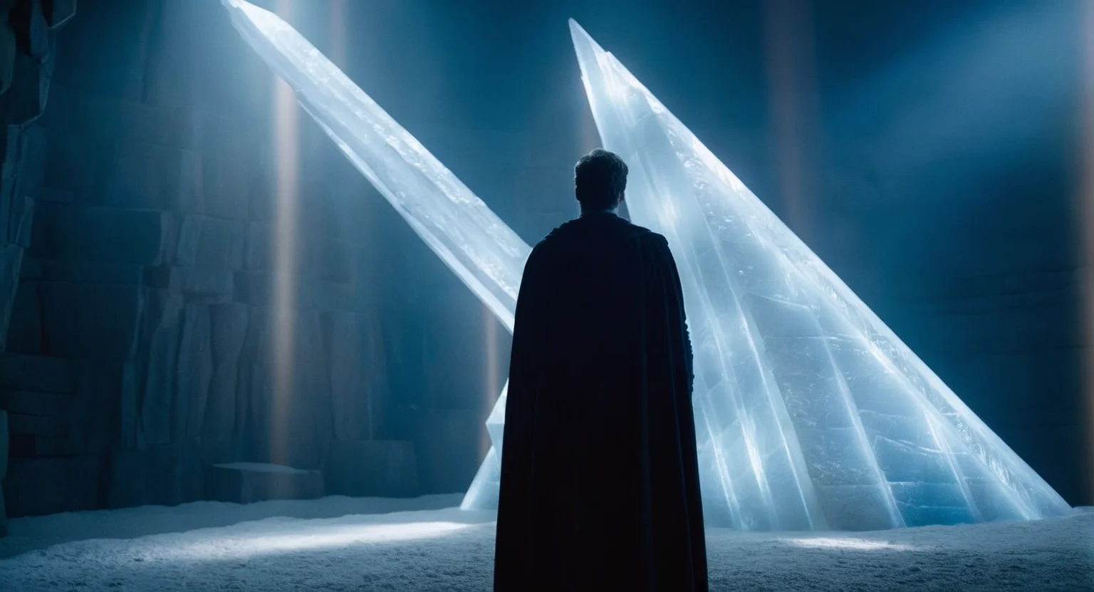 cinematic film still of <lora:Fortress of Solitude:1>
Fortress of Solitude a man standing in a dark room with a pyramid shaped structure inside Fortress of Solitude, shallow depth of field, vignette, highly detailed, high budget, bokeh, cinemascope, moody, epic, gorgeous, film grain, grainy