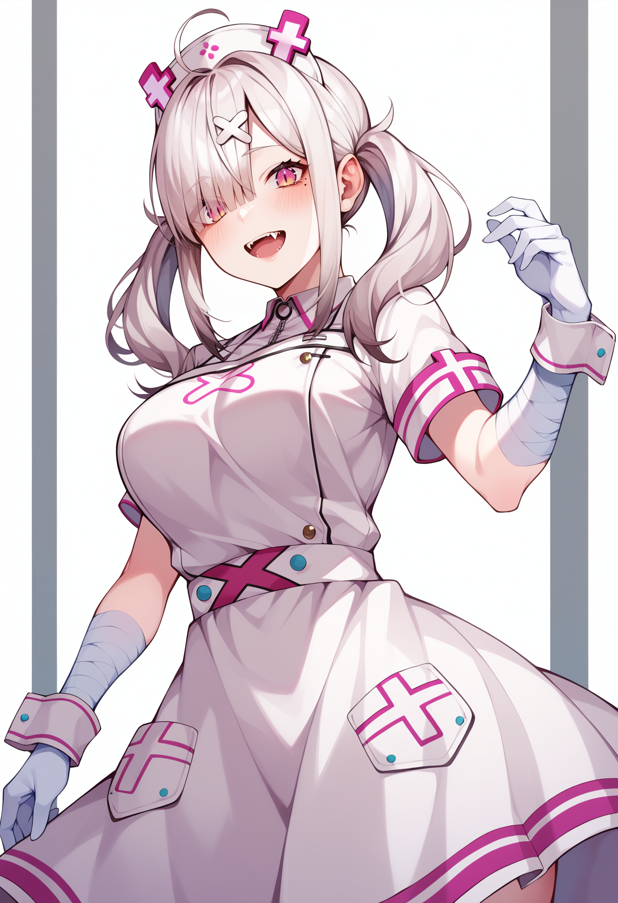 score_9, score_8_up, score_7_up, source_anime, aakana, long hair, twintails, ahoge, hat, nurse cap, x hair ornament, mole under eye, eyes visible through hair, blush, fangs, large breasts, nurse, white dress, short sleeves, bandaged arm, wrist cuffs, white gloves, white apron, <lora:sukoya_kana_xl_pony_v1:0.8>, standing, cowboy shot