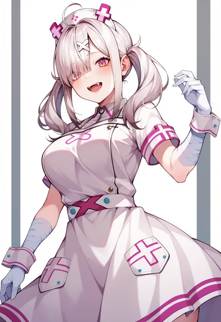 score_9, score_8_up, score_7_up, source_anime, aakana, long hair, twintails, ahoge, hat, nurse cap, x hair ornament, mole under eye, eyes visible through hair, blush, fangs, large breasts, nurse, white dress, short sleeves, bandaged arm, wrist cuffs, white gloves, white apron, <lora:sukoya_kana_xl_pony_v1:0.8>, standing, cowboy shot