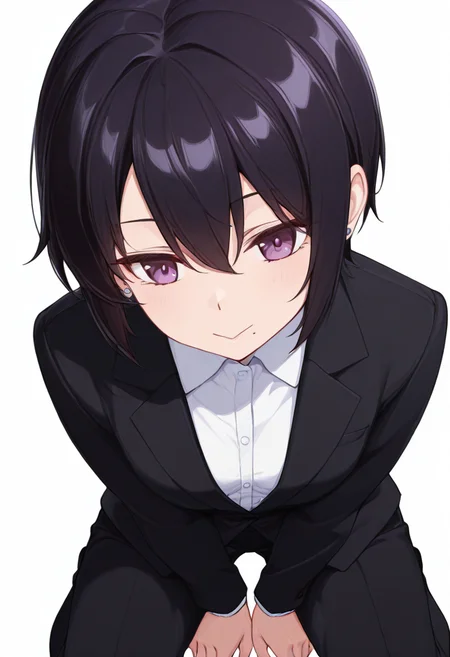 masterpiece,high quality details, absurdres,
kneeling with thighs apart, hands resting between legs, shoulders slumped ,
<lora:kuro:0.8> kuro_cnr, 1girl,black hair, short hair, purple eyes, mole under mouth, formal, suit, jacket, white shirt, earrings,, :>,, simple background, white background, front view,solo,