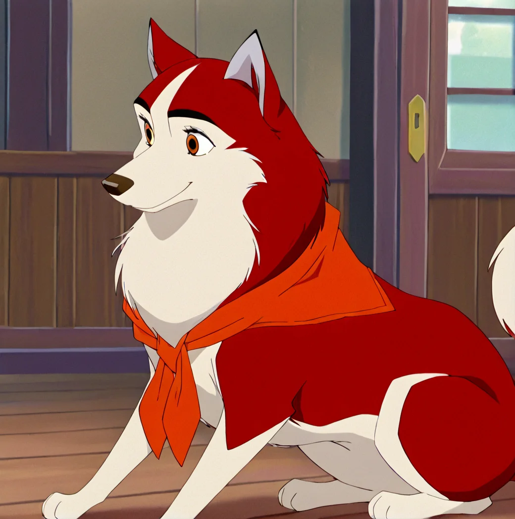 masterpiece, best quality, detailed, detailed background, absurd res, <lora:jennabaltoillustrious:1>, 1girl, jenna\(balto\), solo, smile, full body, indoors, from side, no humans, animal, dog, animal focus, two tone fur, red fur, canine , amber eyes, neckerchief, cartoon screenshot, film grain,