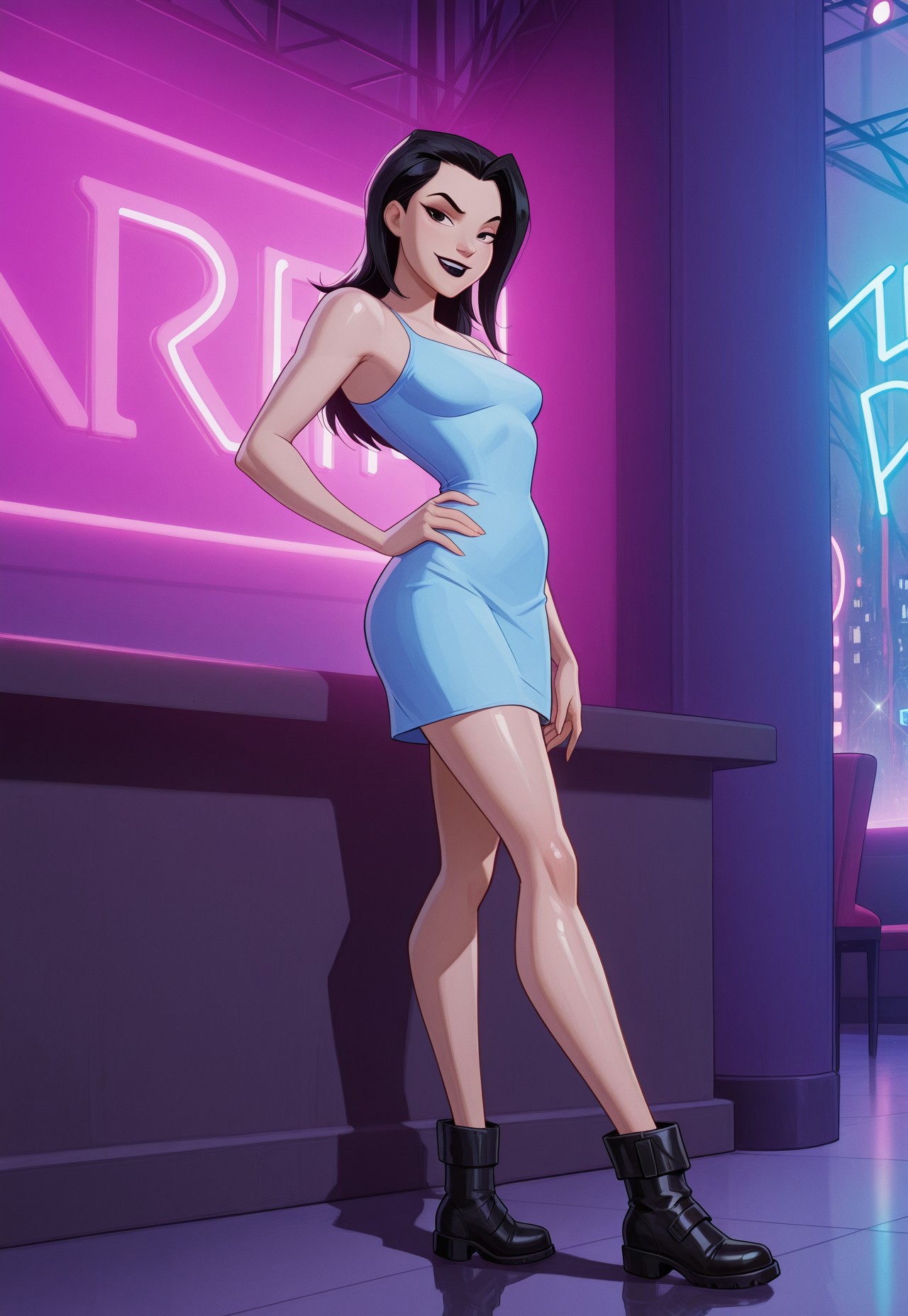 safe_pos, (score_9, score_8_up:1.1), score_7_up, 8k, masterpiece, high quality, extremely detailed, MarvelRivals, semi realistic, cartoon, danatan, 1girl, black hair, solo, long hair, black eyes, black lipstick, blue dress, bare shoulders, black boots, makeup, adult, cold soft lighting, shiny skin, perfect reflection, perfect lighting, perfect shadows, perfect anatomy, perfect chest, perfect hips, perfect legs and feet, perfect hands, perfect face, perfect eyes, perfect waist, perfect body, perfect face shape, perfect mouth, perfect hair, perfect waist, best quality, detailed hair, expressive eyes, sexy, long legs, slim body, (nightclub, neon lights,) seductive pose, raised eyebrow, seductive smile, looking at viewer, side view, hand on hip, close up,