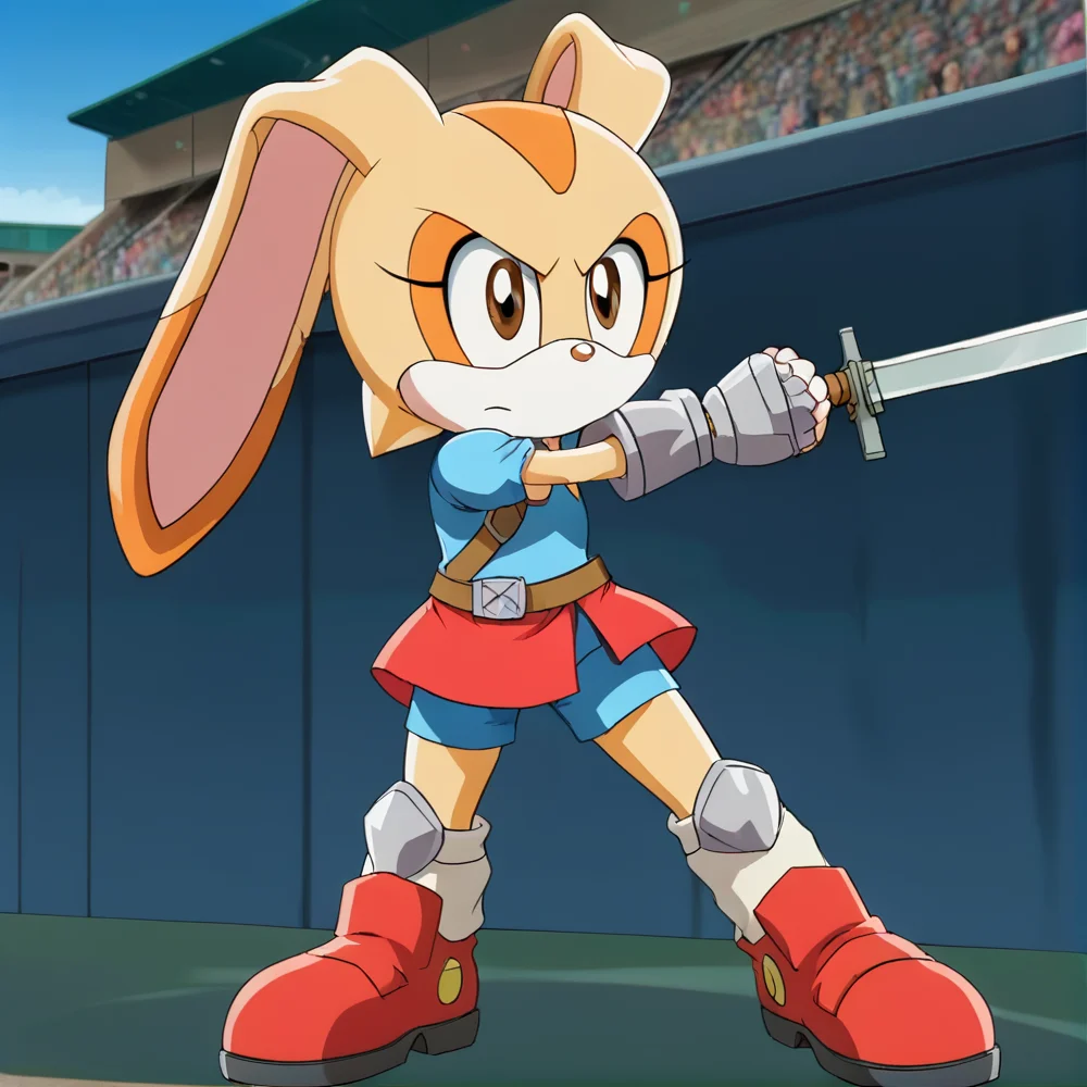 hi res, best quality, female, Score_9, score_8, score_7 BREAK, best anatomy, small body, young, petite, (solo), ultra detailed, short, (source_cartoon), (((show accurate))), (masterpiece), <lora:Cream_the_rabbit_Pony_V3:1>, cre@m_the_rabbit, furry, two-tone fur, rabbit ears, 1girl, animal nose, brown eyes, rabbit girl, armor, knight armor, combat pose, sword, holding