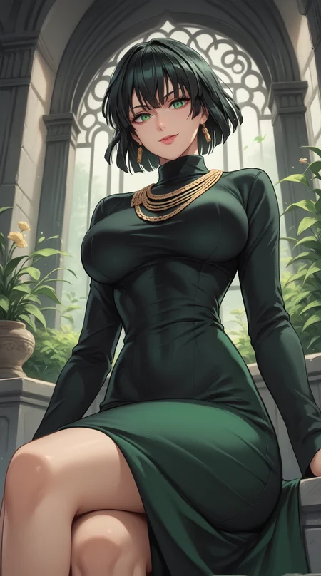 score_9,score_8_up,score_7_up,best quality,4k,very aesthetic,source_anime,1girl,<lora:Fubuki:0.8>,fubuki,green eyes,black hair,large breasts,dress,long sleeves,turtleneck,necklace,black dress,green dress,
cowboy shot,crossed legs,sitting,smile,from below,
<lora:reiq_style:0.3>,<lora:nai3_check2:0.3>,