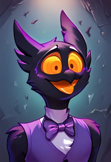 Barnaby, 1boy, yellow eyes, orange sclera, black body, long neck, feathers, bird feet, winged arms, bird tail, black beak, purple vest, sleeveless, purple bowtie, orange tongue, avian, furry, anthro, ghost, owl, spirit, digitigrade, no humans, perfect anatomy, solo, (insanely detailed, beautiful detailed face, masterpiece, cinematic lighting, detailed hands, detailed face, best quality), (sharp), score_9_up, score_8_up, score_7_up, score_6_up, highest quality, 8K, RAW photo, source_anime, perfect face, perfect hands, upper body, wingarms, jizoku