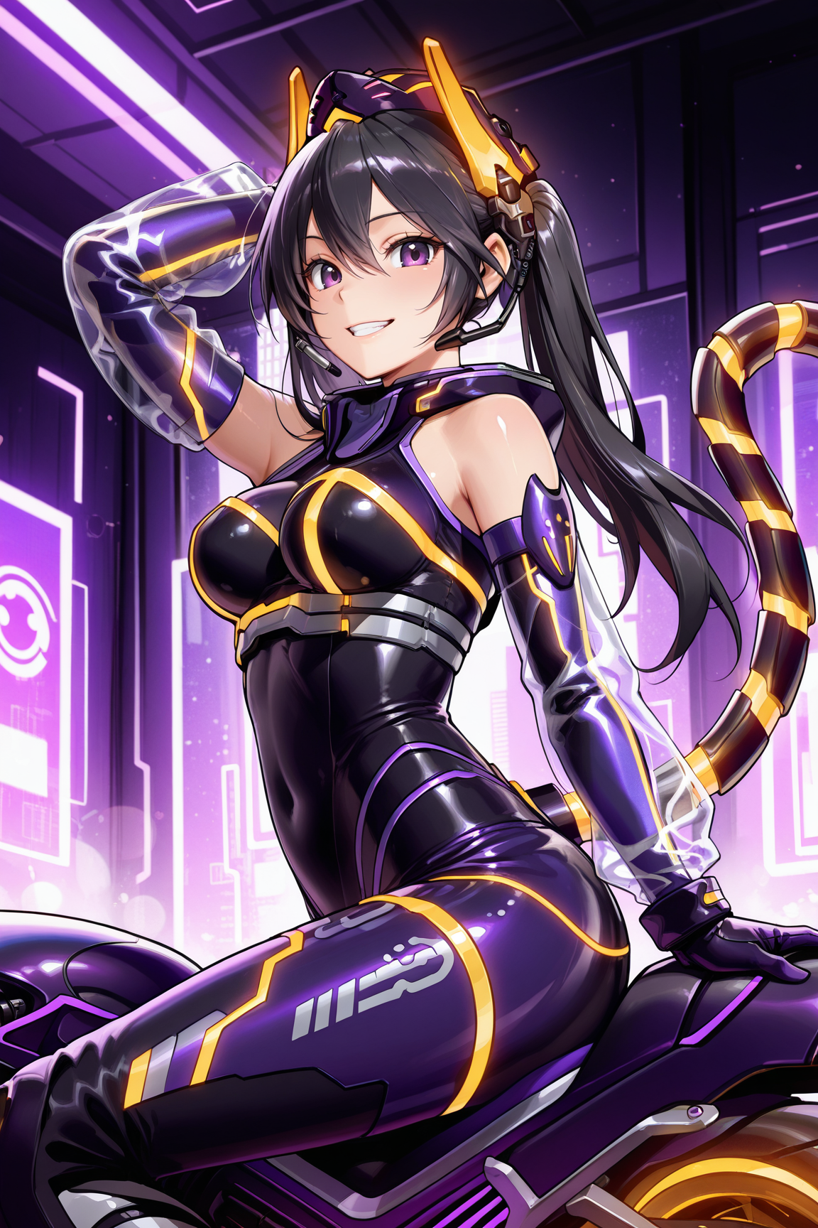 (high quality:1.1), detailed face, i:p_masquerena, alternate_outfit, 1girl, solo, long hair, looking at viewer, smile, black hair, gloves, upper body, hair between eyes, bare shoulders, twintails, medium breasts, sitting, purple eyes, tail, teeth, elbow gloves, shiny, grin, arm up, multicolored bodysuit, two-tone headgear, ground vehicle, skin tight, on motorcycle, shiny clothes, purple gloves, purple motorcycle, mechanical tail, neon trim, earpiece, tiger headgear, see-through sleeves <lora:ip_masquerena_final-10:1>
