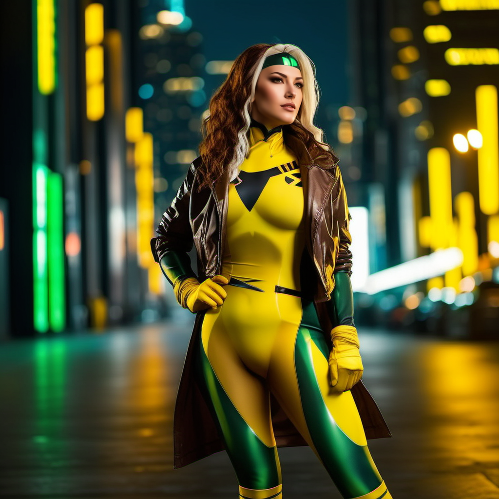 Rogue1024, a woman full body,  wears a yellow and green superhero suit and a jacket, cyberpunk city background, highly detailed,  photography, ultra sharp, film, professional, 64k  <lora:add-detail-xl:1.5> <lora:Rogue1024:0.8>